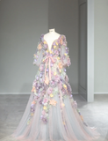 Dreamy Tulle Long Sleeve Pink and Purple Flower A-Line Wedding Dress HZ1022