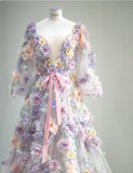 Dreamy Tulle Long Sleeve Pink and Purple Flower A-Line Wedding Dress HZ1022