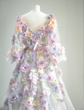 Dreamy Tulle Long Sleeve Pink and Purple Flower A-Line Wedding Dress HZ1022