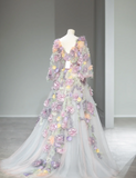 Dreamy Tulle Long Sleeve Pink and Purple Flower A-Line Wedding Dress HZ1022