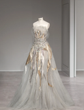 Star Grey Mysterious Elegant Beaded Gold and Silver Sequined Tulle Gorgeous Wedding Dress HZ1022