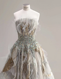 Star Grey Mysterious Elegant Beaded Gold and Silver Sequined Tulle Gorgeous Wedding Dress HZ1022