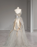 Star Grey Mysterious Elegant Beaded Gold and Silver Sequined Tulle Gorgeous Wedding Dress HZ1022