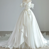 Elegant satin off-shoulder white wedding dress with train HZ1022