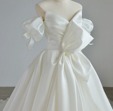 Elegant satin off-shoulder white wedding dress with train HZ1022