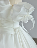 Elegant satin off-shoulder white wedding dress with train HZ1022