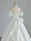 Elegant satin off-shoulder white wedding dress with train HZ1022