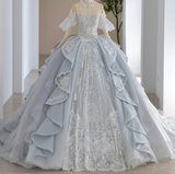 French Blue Sequin Beaded Off-the-shoulder Princess Tulle A-line Floor-length Wedding Dress HZ1022