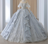 French Blue Sequin Beaded Off-the-shoulder Princess Tulle A-line Floor-length Wedding Dress HZ1022