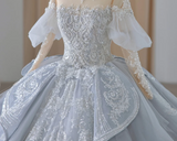 French Blue Sequin Beaded Off-the-shoulder Princess Tulle A-line Floor-length Wedding Dress HZ1022