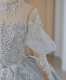 French Blue Sequin Beaded Off-the-shoulder Princess Tulle A-line Floor-length Wedding Dress HZ1022