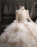 French Palace Champagne Gold Long Sleeve Lace Accordion Pleated Tulle Deep V Neck Wedding Dress HZ1022