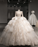 French Palace Champagne Gold Long Sleeve Lace Accordion Pleated Tulle Deep V Neck Wedding Dress HZ1022