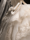 French Palace Champagne Gold Long Sleeve Lace Accordion Pleated Tulle Deep V Neck Wedding Dress HZ1022