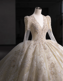 Gorgeous golden V-neck padded shoulder design long sleeve lace totem crystal sewn beads fluffy floor-length wedding dress HZ1022