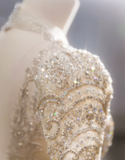 Gorgeous golden V-neck padded shoulder design long sleeve lace totem crystal sewn beads fluffy floor-length wedding dress HZ1022