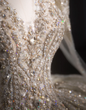 Gorgeous golden V-neck padded shoulder design long sleeve lace totem crystal sewn beads fluffy floor-length wedding dress HZ1022