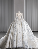 Luxurious Royal Court Long Sleeve Lace Beaded Princess Puffy Floor-Length Wedding Dress HZ1022