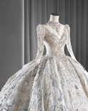 Luxurious Royal Court Long Sleeve Lace Beaded Princess Puffy Floor-Length Wedding Dress HZ1022