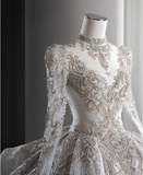 Luxurious Royal Court Long Sleeve Lace Beaded Princess Puffy Floor-Length Wedding Dress HZ1022