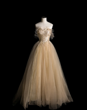 Gold Glitter Strapless Sequined A-Line Tulle Floor-Length Wedding Dress HZ1022