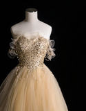 Gold Glitter Strapless Sequined A-Line Tulle Floor-Length Wedding Dress HZ1022