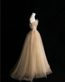 Gold Glitter Strapless Sequined A-Line Tulle Floor-Length Wedding Dress HZ1022