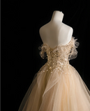 Gold Glitter Strapless Sequined A-Line Tulle Floor-Length Wedding Dress HZ1022