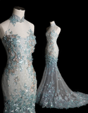 Elegant Blue Sequin Beaded Mermaid Fitted Wedding Dress HZ1022