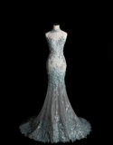 Elegant Blue Sequin Beaded Mermaid Fitted Wedding Dress HZ1022
