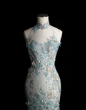 Elegant Blue Sequin Beaded Mermaid Fitted Wedding Dress HZ1022