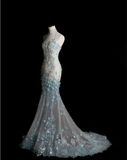 Elegant Blue Sequin Beaded Mermaid Fitted Wedding Dress HZ1022