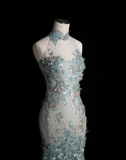 Elegant Blue Sequin Beaded Mermaid Fitted Wedding Dress HZ1022