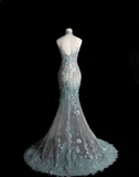 Elegant Blue Sequin Beaded Mermaid Fitted Wedding Dress HZ1022