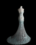 Elegant Blue Sequin Beaded Mermaid Fitted Wedding Dress HZ1022