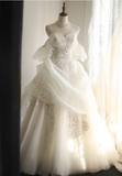 Princess one-shoulder palace irregular pleated lace hemming handmade flower pieces beaded floor-length wedding dress HZ1022