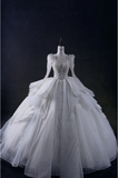 French court neckline V-neck long sleeves skirt cake layer beaded tulle wedding dress HZ1022