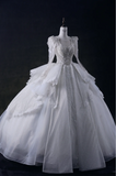 French court neckline V-neck long sleeves skirt cake layer beaded tulle wedding dress HZ1022