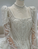Vintage Square Neck Long Sleeve Pattern Beaded Flowing Tulle Floor-Length Wedding Dress HZ1022