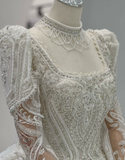 Vintage Square Neck Long Sleeve Pattern Beaded Flowing Tulle Floor-Length Wedding Dress HZ1022