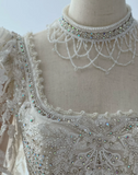 Vintage Square Neck Long Sleeve Pattern Beaded Flowing Tulle Floor-Length Wedding Dress HZ1022