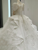 Vintage Square Neck Long Sleeve Pattern Beaded Flowing Tulle Floor-Length Wedding Dress HZ1022