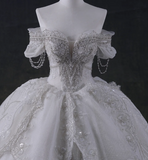 Fairy-like and elegant one-shoulder waist-hugging tulle beaded floor-length flowing wedding dress HZ1022