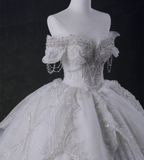 Fairy-like and elegant one-shoulder waist-hugging tulle beaded floor-length flowing wedding dress HZ1022