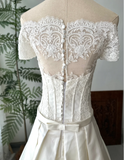 White Elegant Strapless Lace Silk Satin Wedding Dress with Train HZ1022