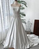 Retro tube top waist lace fishbone exposed satin train wedding dress HZ1022