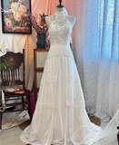 Vintage lace high collar off-shoulder waist white wedding dress HZ1022