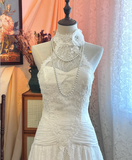 Vintage lace high collar off-shoulder waist white wedding dress HZ1022