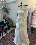 Simple and elegant tube top white satin embroidery waist knotted floor-length wedding dress HZ1022