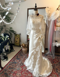 Vintage zipper sling beaded wave organza high slit small train satin wedding dress HZ1022